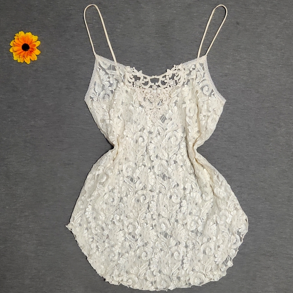 Vintage Sheer Floral Lacey Lingerie Ivory Cream Slip Chemise Tank Mini Dress - Picture 3 of 15